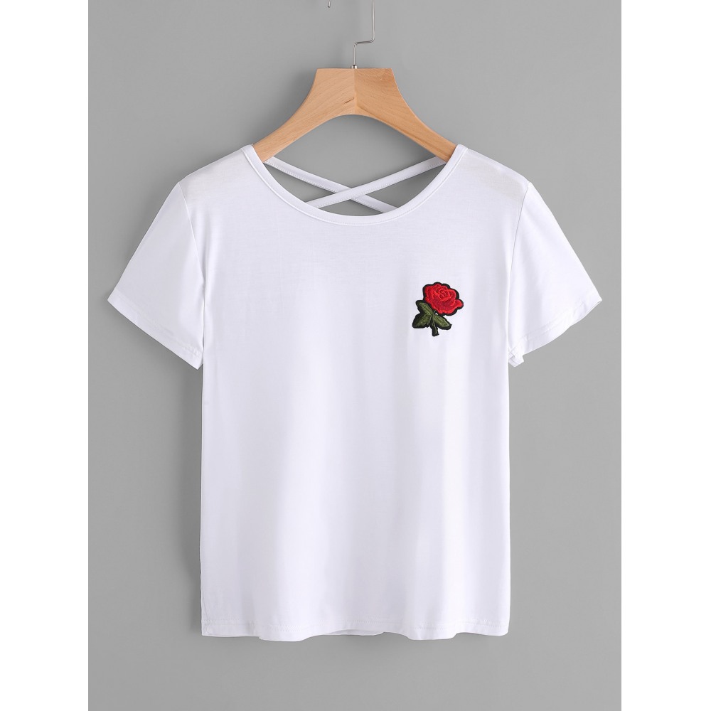 New Style Rose Embroidery Solid Color Sexy Lady T-Shirt