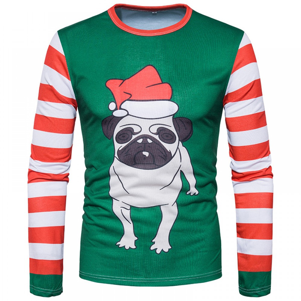 Men's New Special 3D Printing Cartoon Dog Christmas Hat Round Neck Long Sleeve T-Shirt